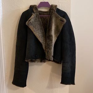 Vintage Oversized Cropped Genuine Shearling Hood Navy Jacket S/M